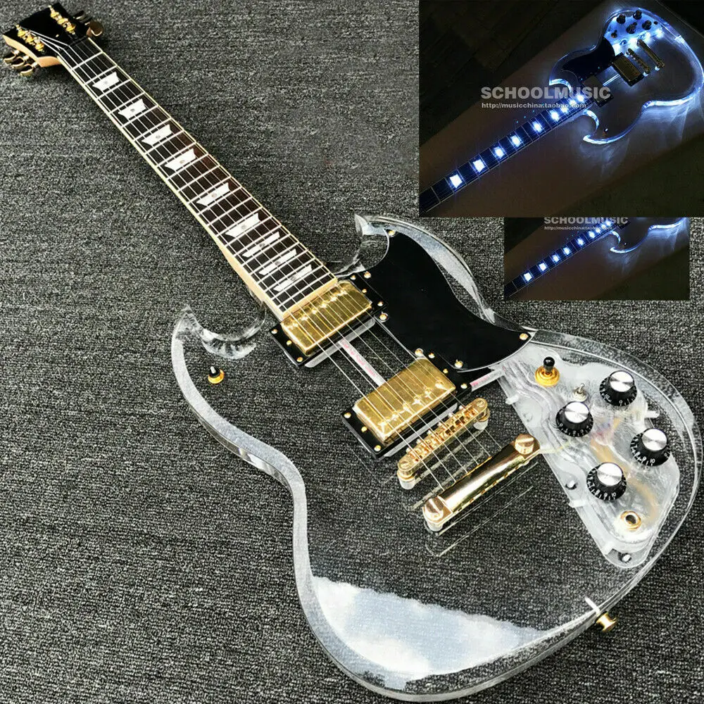 Custom LED Light Electric Guitar Maple Acrylic Body Crystal Guitar Sweet Tone SG