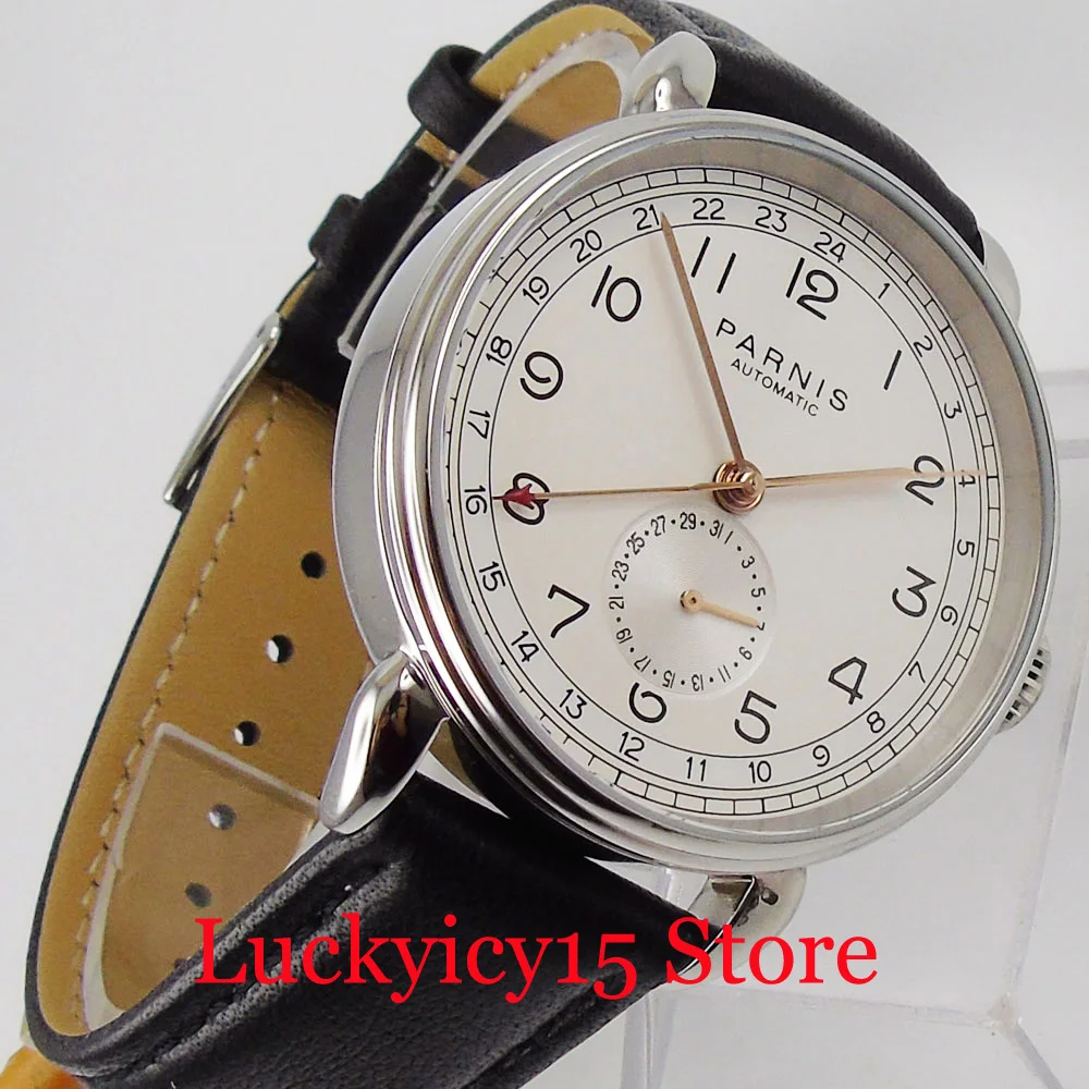 PARNIS Round GMT Men Wristwatch Self Winding Movement Rose Gold Marks Leather Strap Date Sub Dial Seeing Backcover