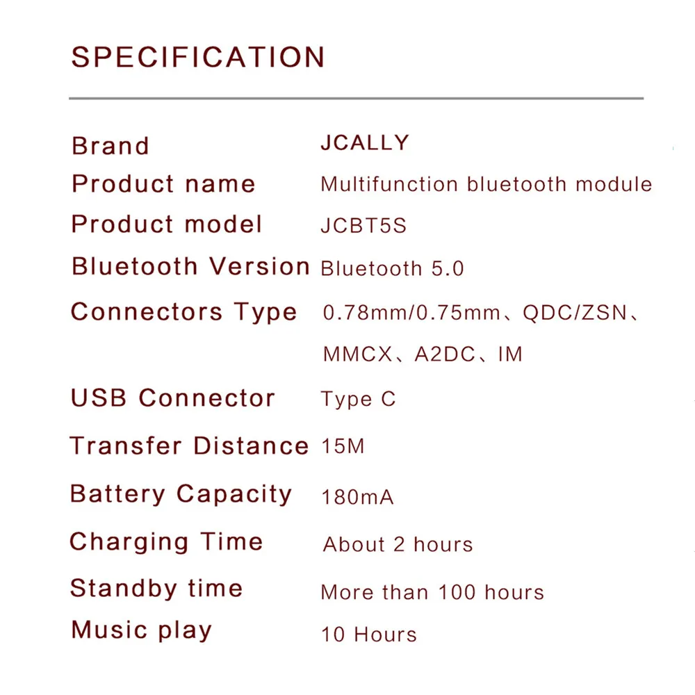 JCALLY JCBT5S IPX7 Bluetooth 5.0 Module Earphone Upgrade Cable 2Pin 0.78mm/QDC/MMCX for KZ ZSN PRO ZSX AS16 EDX SE215 SE235