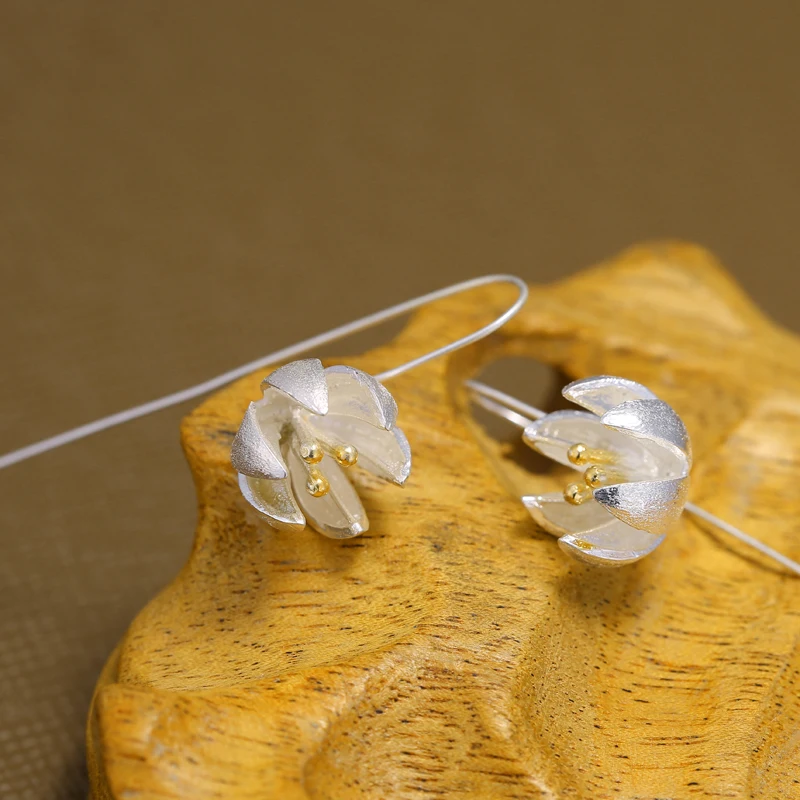 925 Sterling Silver Flower Earings Elegant Lotus long Drop Earring For Women Fashion Brincos Grandes Fine Jewelry pendientes
