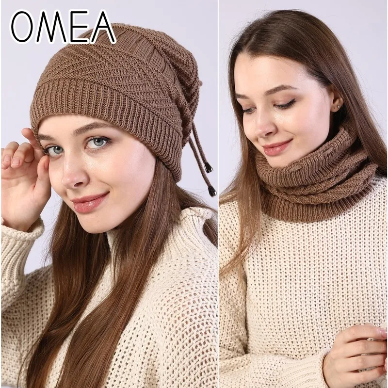 OMEA Knitted Ponytail Beanie Hat for Women Plus Velvet Ring Scarf for Multipurpose Horsetail Cap Women Skullies Winter Cap Hat