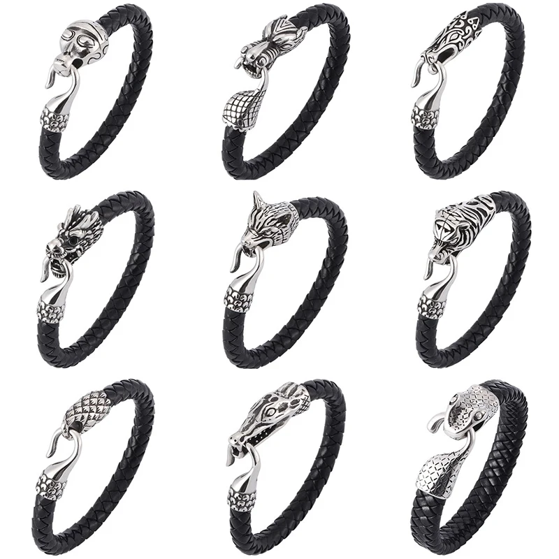 Men Stainless Steel Snake Wolf Head Bracelet Clasps Hooks Hole 8mm 6mm Leather Cord End Caps Cord Connector for Jewelry Findings