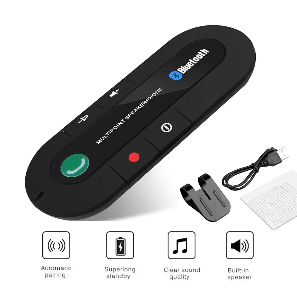 Mini Sun Visor Clip Bluetooth speakerphone Audio MP3 Music Receiver Car Kit Wireless Handsfree Speaker phone Adapter for phone