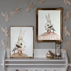 Nordic Modern Cartoon Moon Rabbit Girls Carousel Canvas Painting Spray Color Swan Art Poster Kids Baby Nursery Room Wall Picture