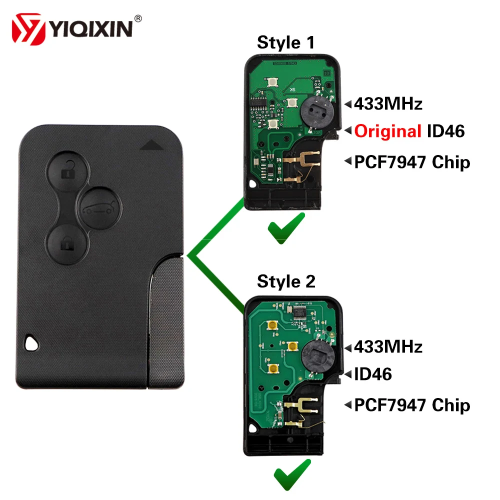 

YIQIXIN 3 Button Smart Card Car Key 433Mhz Original ID46 PCF7947 Chip For Renault Megane 2 3 Scenic Clio Logan Card Remote Key