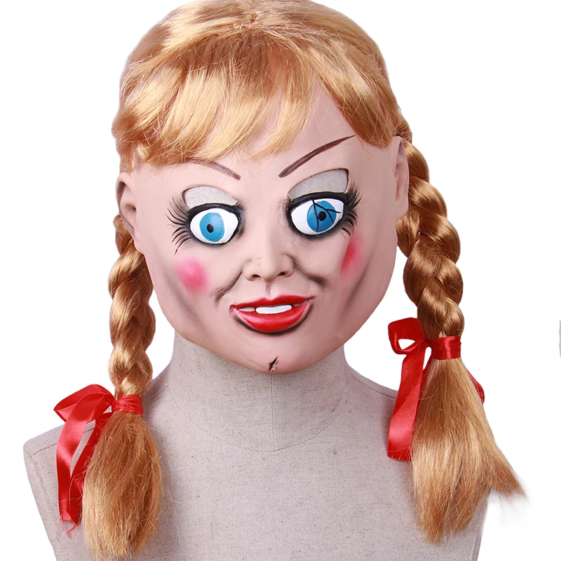 Scary Annabelle Latex Mask Head Wigs Ponytails Halloween Cosplay Party Movie Mask Carnival Costume Masquerade Halloween Props