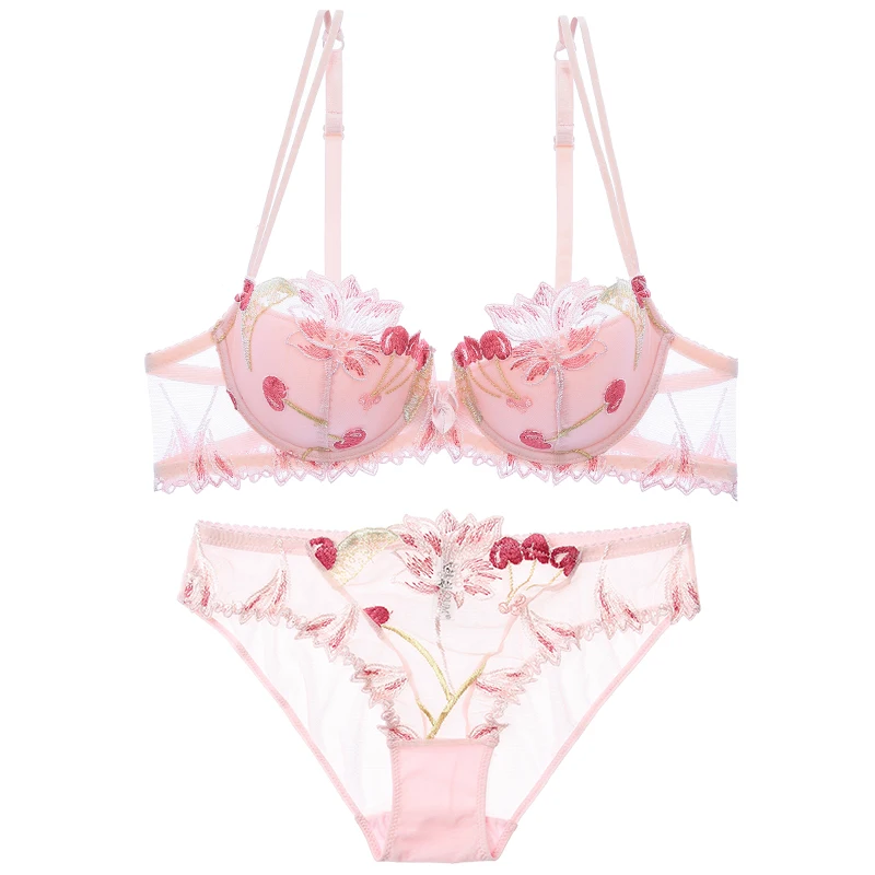 BALALOUM New Arrivals Women Sexy Paded Thin Cotton Bra Brassiere Sets Floral Lace Embroidery Underwire Pink Lingerie Underwear
