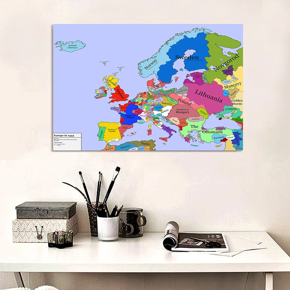 150*100cm Map of The Europe In 1444 Retro Wall Art Poster Non-woven Canvas Painting Home Decoration School Supplies