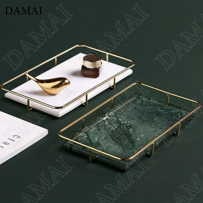 Golden Iron Frame Marble Trays Decorative European Modern Dressing Table Jewelry Cosmetic Skin Care Product Storage Display Tray