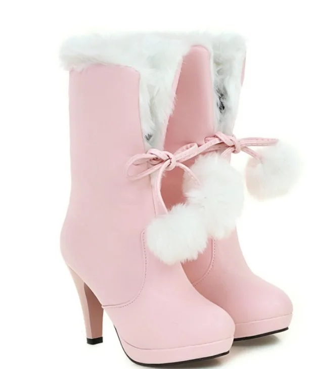 Japanese trend cuffed short boots with fur ball decoration high heel boots sweet and elegant knight boots weet lolita shoes