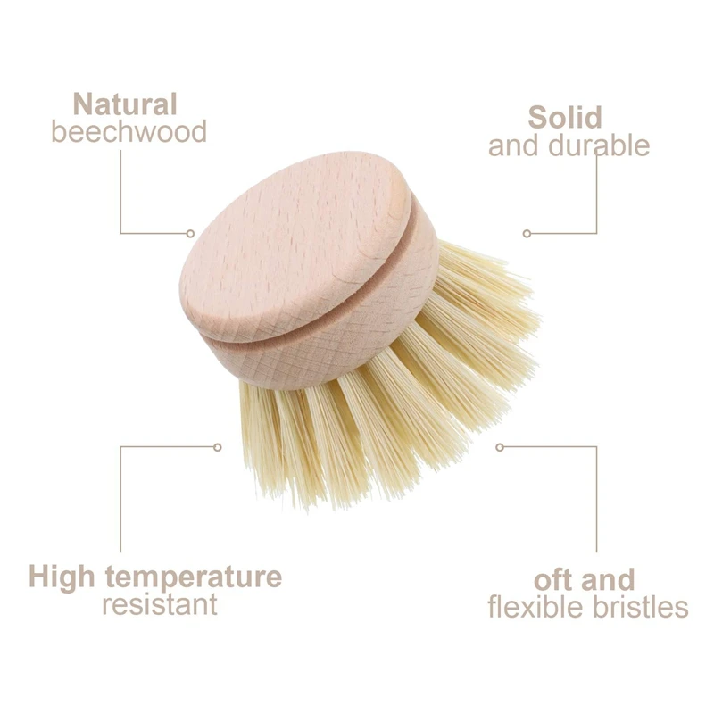 Washing Up Brush,Dish Brush,6 Pcs Replacement Brush Heads Wooden Cleaning Dish Brush Refillable Kitchen Beech