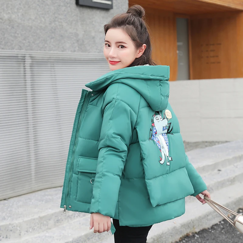 

Winter Jackets Women's Cartoon Pattern Short Style Female Cold Coat Hooded Loose Turn Down Collar Thick Outwear Parkas Woman