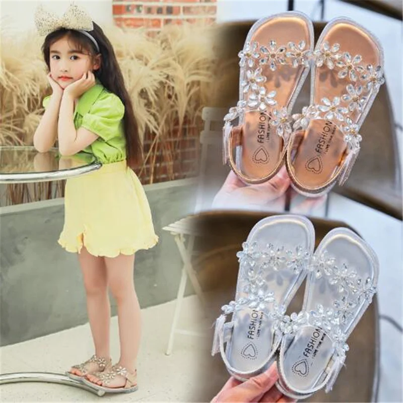 2024 New Baby Girl Sandals Crystal Bling Diamond Flower Princess Dance Shoes Small Big Kids Party Shoes1-12 Years Old chaussure