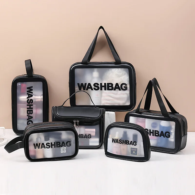 FUDEAM Transparent PVC Women Cosmetic Bag Waterproof Travel Toiletries Storage Organize PU Make Up Bag Female Wash Bag Handbag