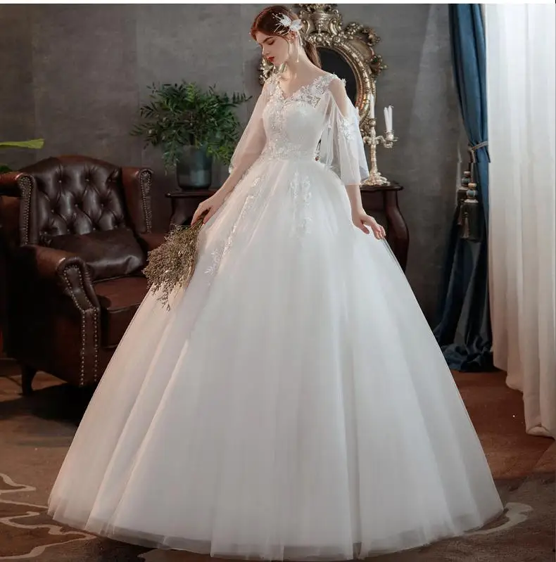 Korean style new spring Plus size wedding dress for Pregnant women long Lace appliques Vestidos De Novia with slleves 2021 Tull