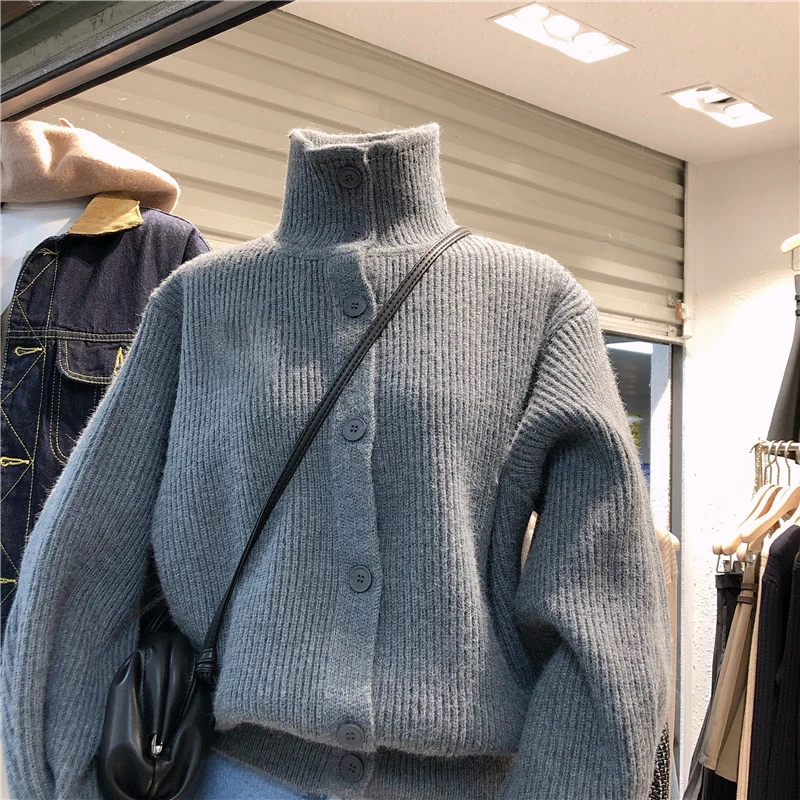 Knitted Jacket Ladies Loose Turtleneck Sweater 2023 Autumn And Winter Fashion New Solid Color Long-sleeved Cardigan Women