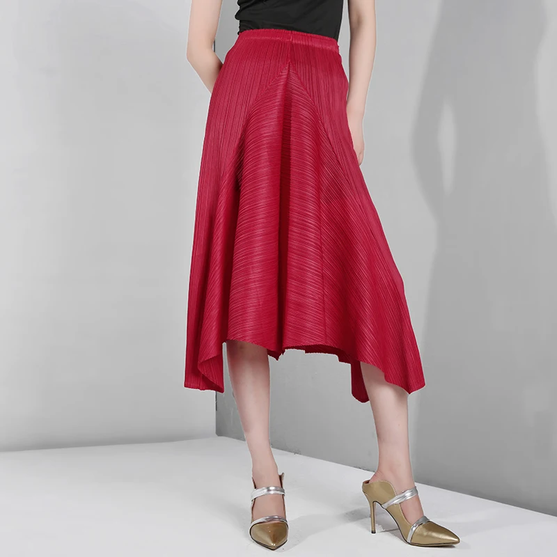 

HOT SELLING Miyake fold Wide-brimmed twill pleated irregular skirt pleated skirt wine red skirt IN STOCK