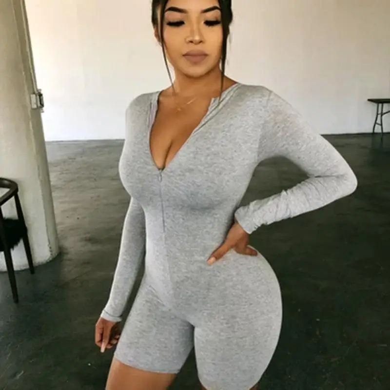 

Black long-sleeved sexy zipper top ladies slimming club woman tight yoga pants shorts body jumpsuit women clothes spring and aut