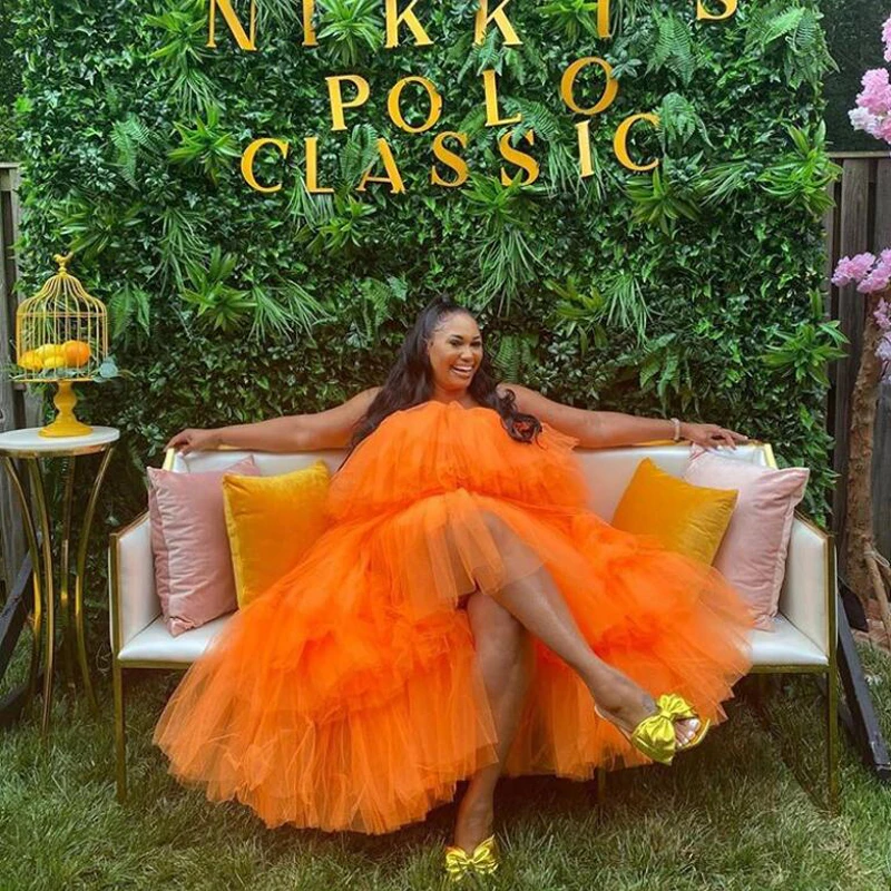 2020 Fashion Orange Tulle Women Robe Ruffle Tiered Tulle Summer Dresses Women Off The Shoulder Color Size Free Vestidos