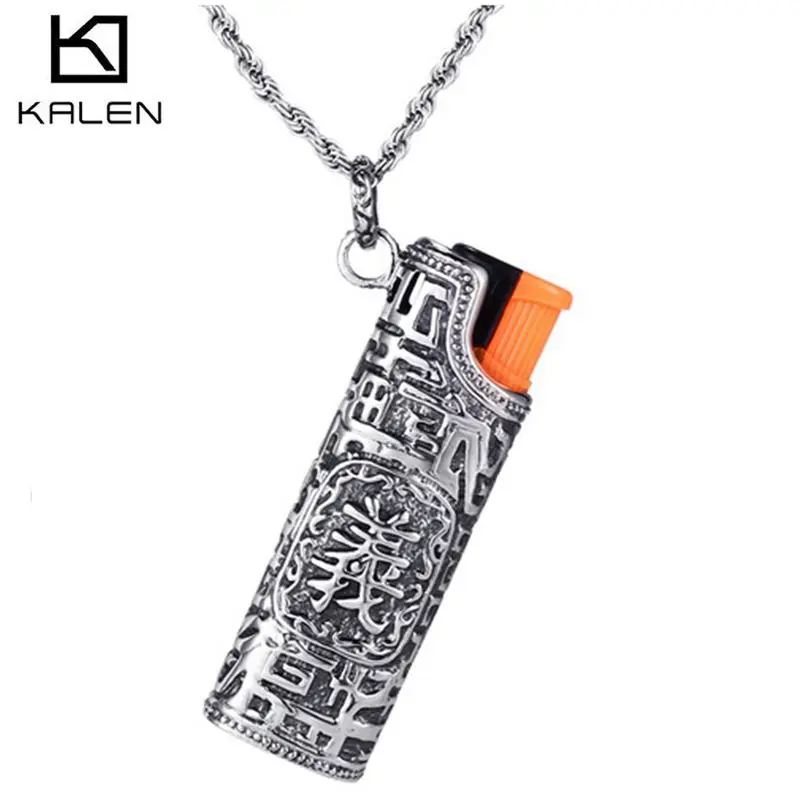 Kalen Stainless Steel Cigarette Lighter Shaped Pendant Necklace Men Lighter Starage With Chinese Letter 