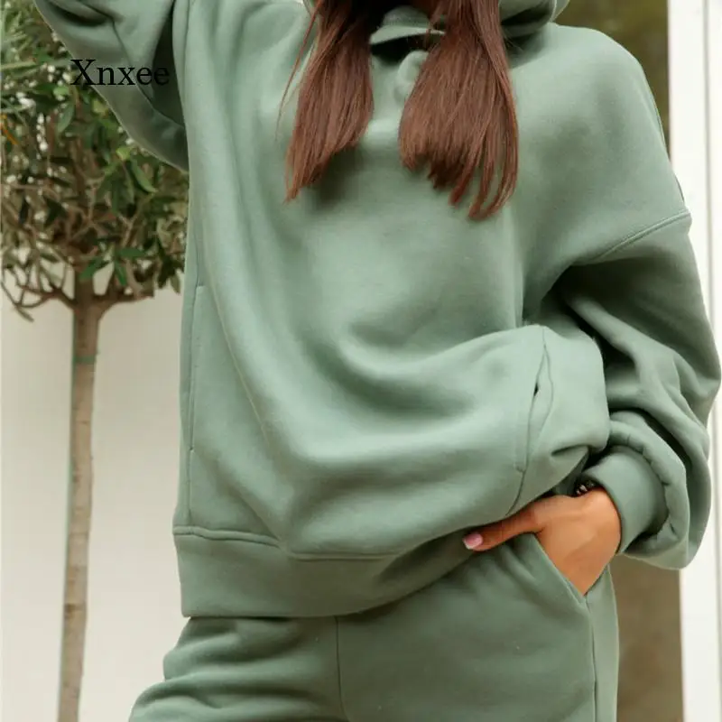 Spring and Autumn Women's Two-Piece Suit Hooded Sweatshirt Top and Pants Fleece Sportswear Pure Color Casual Ladies Suit