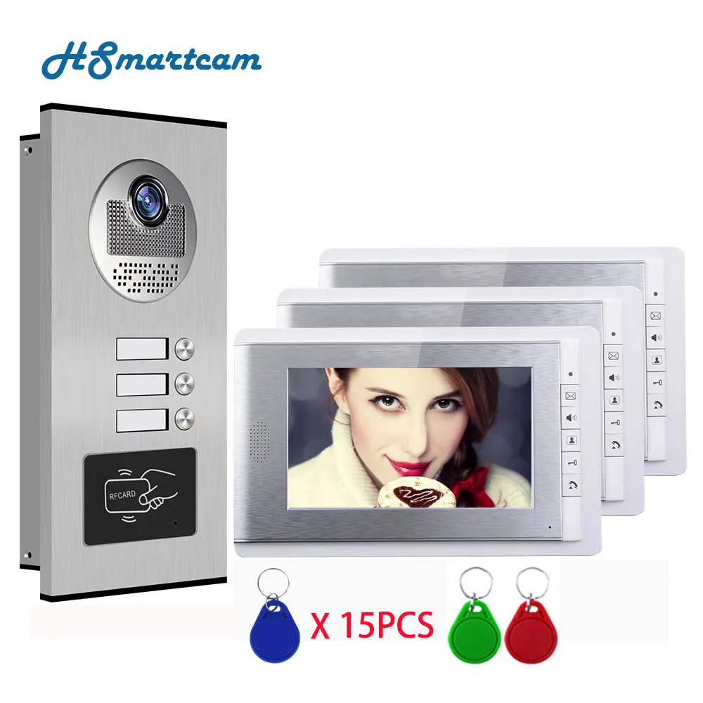 7 inch Video Door Phone Intercom System RFID Access Doorbell Camera  For 3-apartments Building Video intercom System