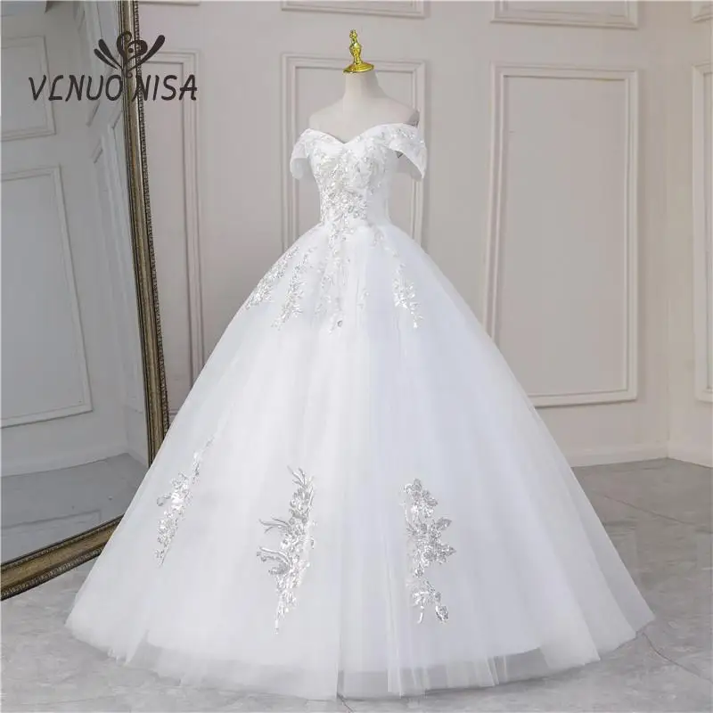 Real Video Off Shoulder V Neck Wedding Dress Plus Size Vestido Noiva Luxury Sequined Bead Lace Embroidery Princess Bridal Gown