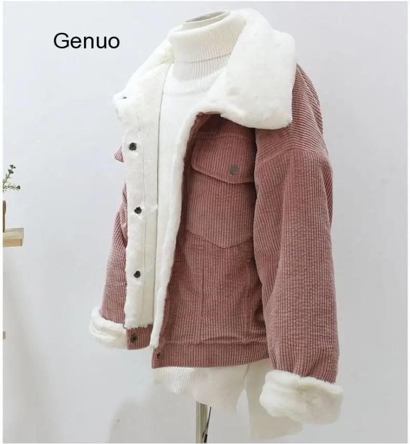 2020 New Winter Warm Fur Jeans Jacket Women Bomber Jacket Soft Corduroy Denim Jacket Female Coat Warm Lining & 4 Pockets Jacket