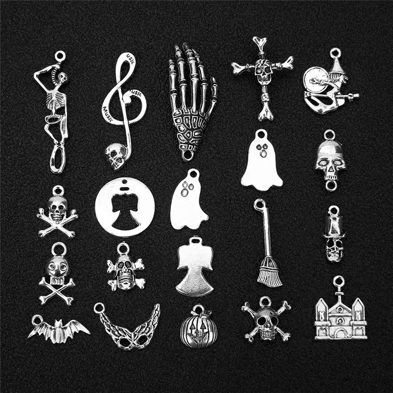 20pcs Mixed Skeleton Skull Halloween Charms Lot Metal Christmas Charms Pendants Bulk For Diy Bracelet Earrings Jewelry Making