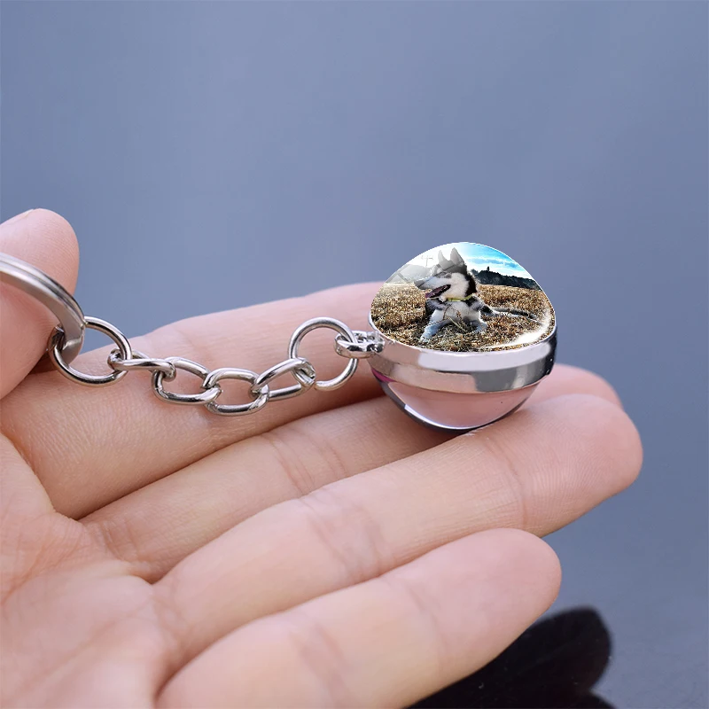 Husky Keychain Pet Sphere Crystal Handmade Double Side Glass Ball Pendant Jewelry Gift For Men Women Children Dog Keyring