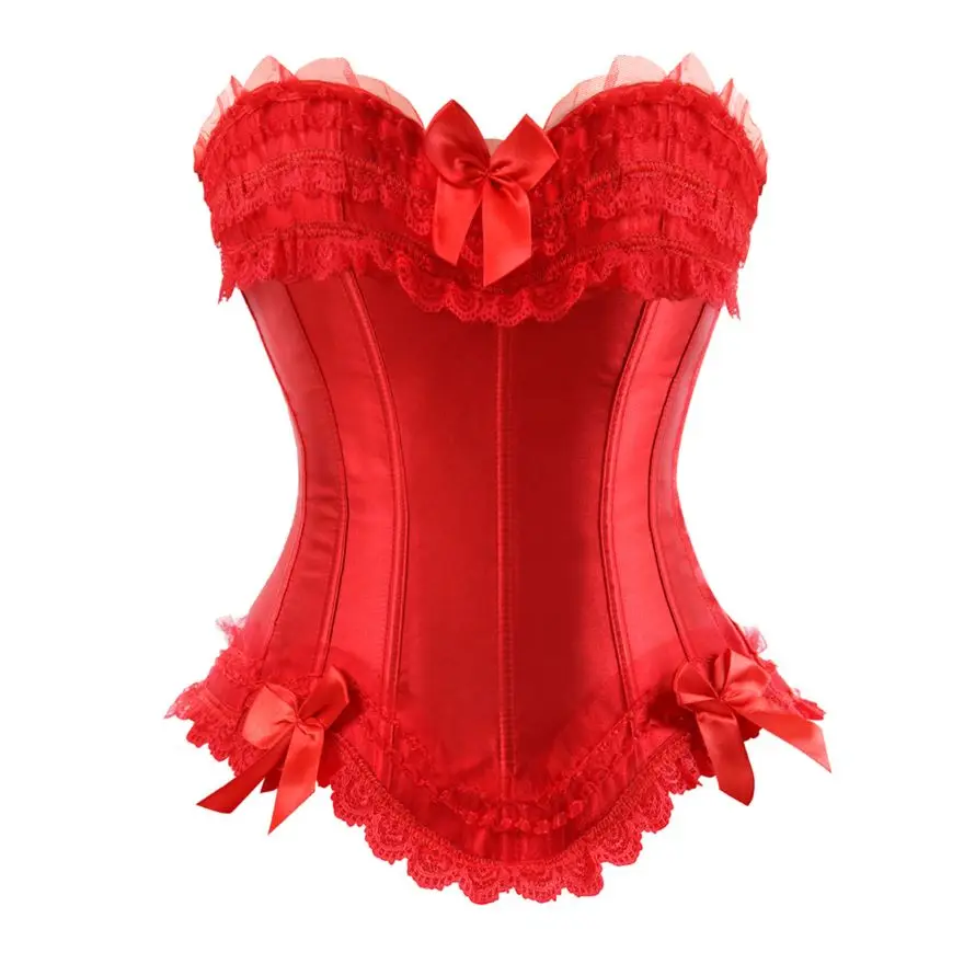 Women Sexy Lace Bow Trim Overbust Corsets Bustiers Showgirl Satin Waist Cincher Body Shaper Lace Up Corset Bustier Lingerie Top