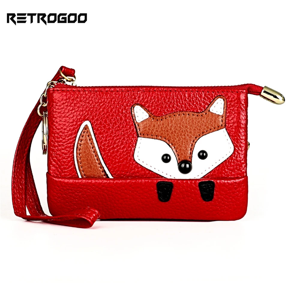 RETROGOO Fashion Genuine Leather Women Coin Purse Fox Design Small Wallet For Female Zippper Change Purse Cute Girst Money Bag