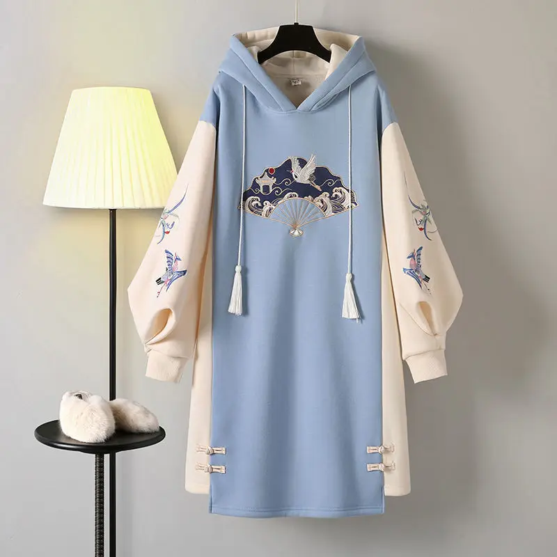 Dames Winter Chinese Stijl Hoodies Sweatshirt Dagelijkse Jurk Hanfu Lange Mouw Borduren Oversized Dikke Cheongsam Vestidos