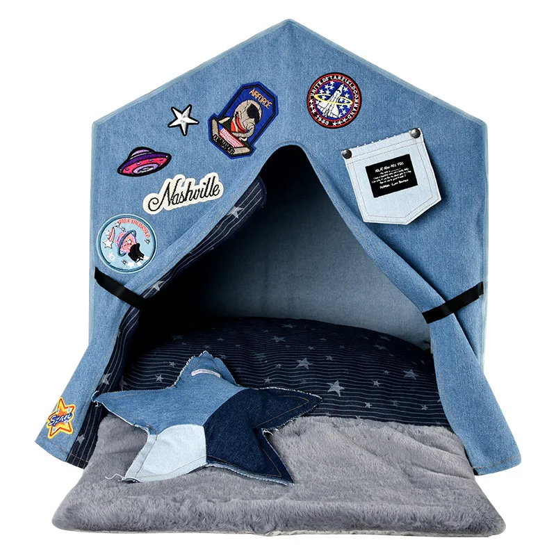 

Pet Dog&Cat Cotton Tent Furniture House Denim Fabrics,Soft Dog Bed Tent For Small Dogs To Medium Dog,Dog Cat Denim Fabric House.