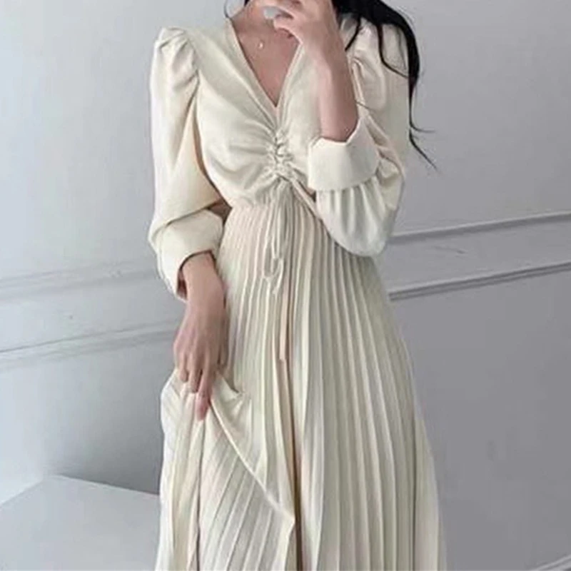 

Luxury V Neck Women Dresses Female High Waist A-Line Party Woman Dress Spring Autumn Long Sleeve Elegant 2022 Vestido Feminino