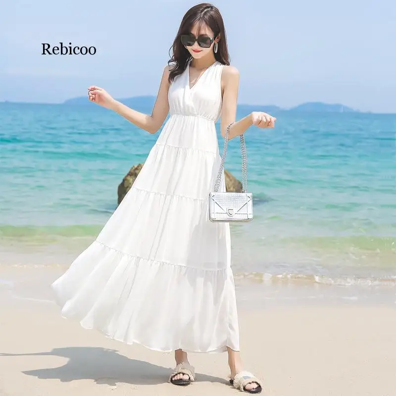 

Rebicoo summer new seaside holiday casual beach a line dress backless bohemian big slim red v-neck chiffon dress Vestidos