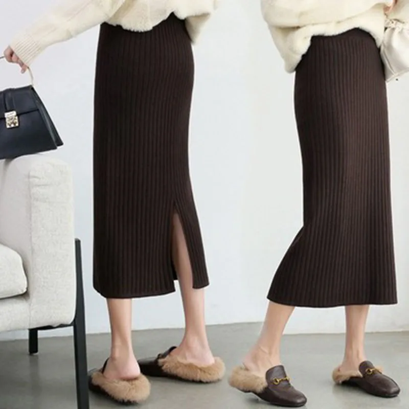 50-60-70 CM Fashion Autumn Winter Korean Knitted Women Skirts Elastic High Waist Split A-line Female Sexy Ribbed Skirts