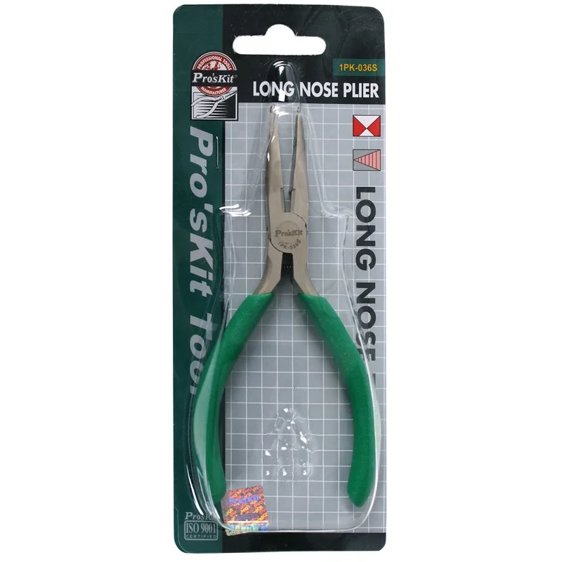 Proskit 1PK-036S non-slip green handle titanium long-nosed pliers with teeth, precision electronic pliers, durable, rust-proof