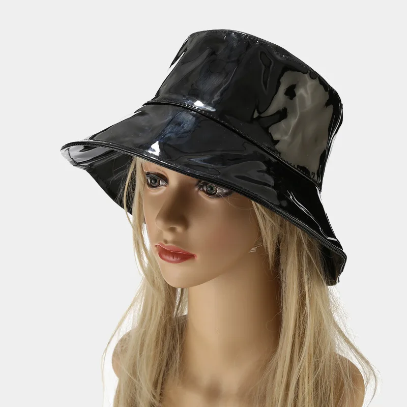 Adult Women Man Bucket Hat Wide Brimmed Fisherman Hat PVC Couple Cap Fashion Patent Leather Basin Cap Waterproof Sun Hat