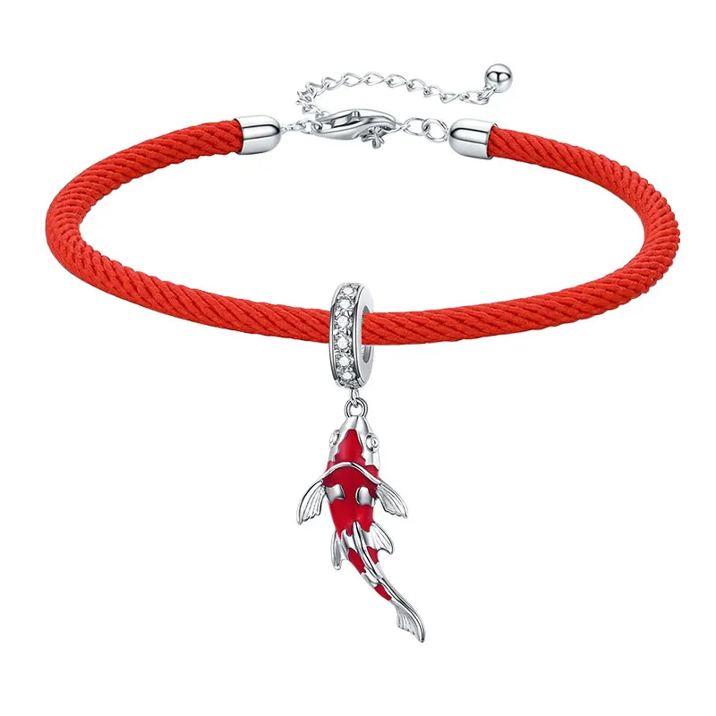 bamoer Red Rope Bracelet 925 Sterling Silver Enamel Fish Dragonfly Rainbow Beads and Charm DIY Bracelets Jewelry Accessories