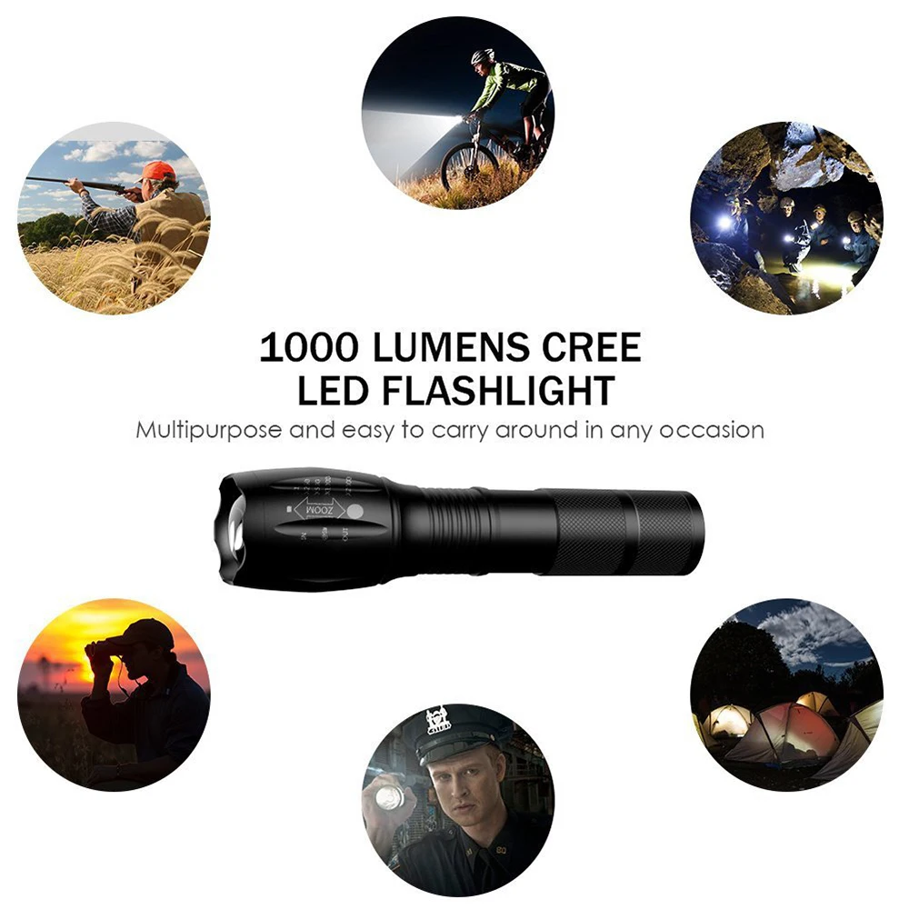 Linterna ultrabrillante LED T6, lámpara con cuentas, resistente al agua, con zoom, 5 modos de iluminación, reflector recargable por USB multifunción