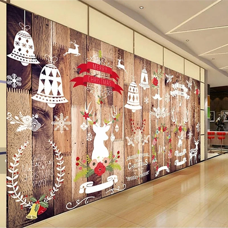 Custom 3D Photo Cartoon Christmas Wood Grain Wallpaper for Restaurant Store Bar Wall Decoration Waterproof Canvas Large Murals