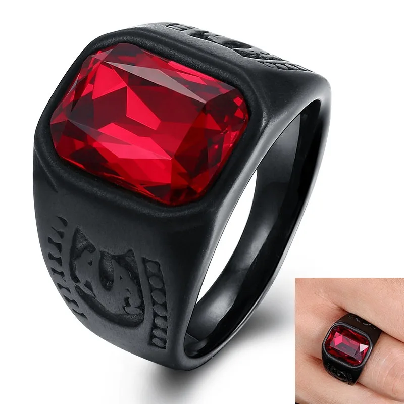 

Vintage Square Red Glass Women Ring Black Stainless Steel Band For Men Fashion Rings Gift Jewelry