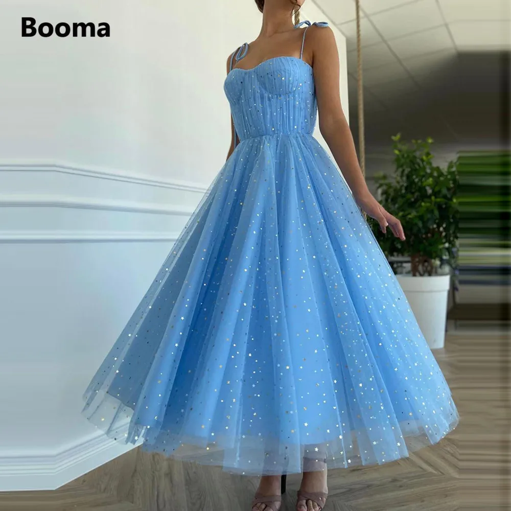 

Fairy Blue Princess Prom Dresses Sparkly Starry Tulle Strapless Short Prom Gowns Pleated Tea-Length A-Line Formal Party Gowns