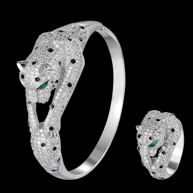 Zlxgirl Green Eye jet Enamel leopard shape animal copper bangle with ring jewelry perfect cubic pave zircon Bracelet