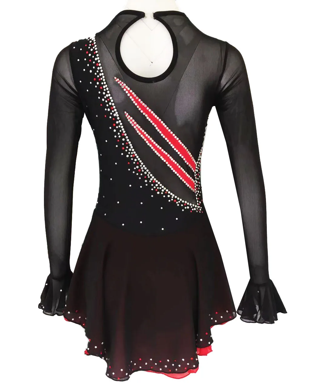 Black Figure Skating Dress Long-Sleeved Ice Skating Skirt Spandex