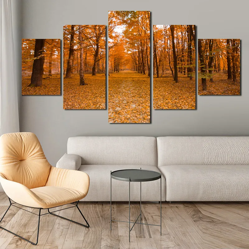 Canvas Waterproof Ink Paintings Autumn Golden Woods Full Of Fallen Leaves Photography HD Printing Frameless Decorative Posters