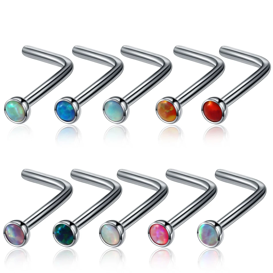 1Pc Titanium L Shape Nostril Piercing Opal Stone Nose StudS Nose Piercing Earring Studs for Women Body Piercing Jewelry 20G 18G