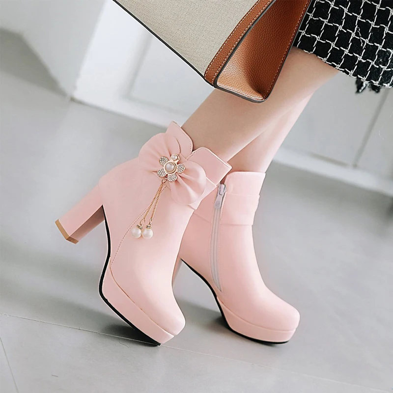 Girls\' Shoes Fashion Ankle Boots For Women High Heels Sweet Bow Booties Platform PU Leather Wedding Party Shoes Woman Large Size