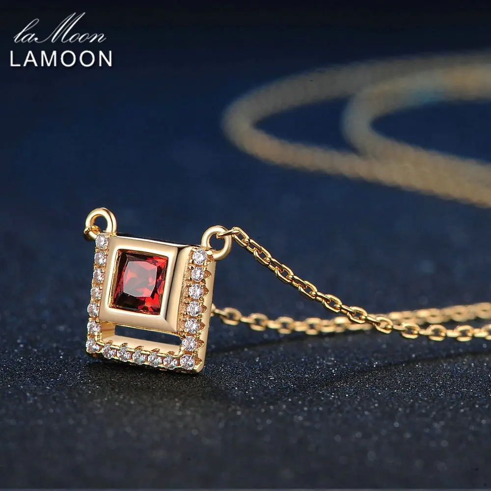 LAMOONสแควร์4Mm 0.25ct 100% สีแดงธรรมชาติGarnet 925เงินสเตอร์ลิงสร้อยคอจี้สร้อยคอS925 LMNI020